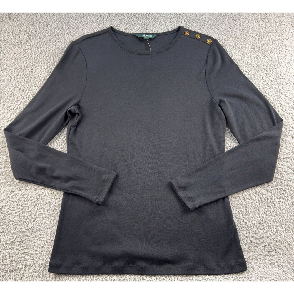 Lauren Ralph Lauren Shirt Womens XL Black Long Sleeve Gold Shoulder Button NWT